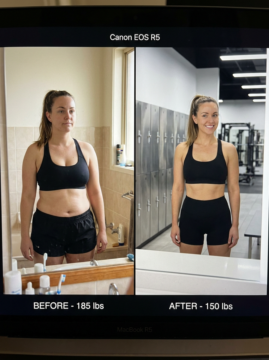 Female patient before and after — 185 to 150 lbs