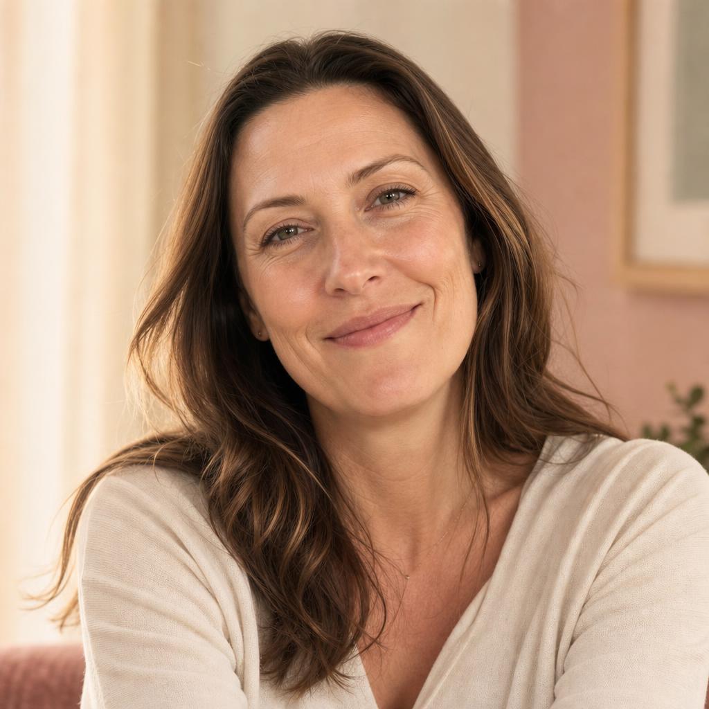 Close-up portrait of a woman with healthy, natural skin texture in warm golden light