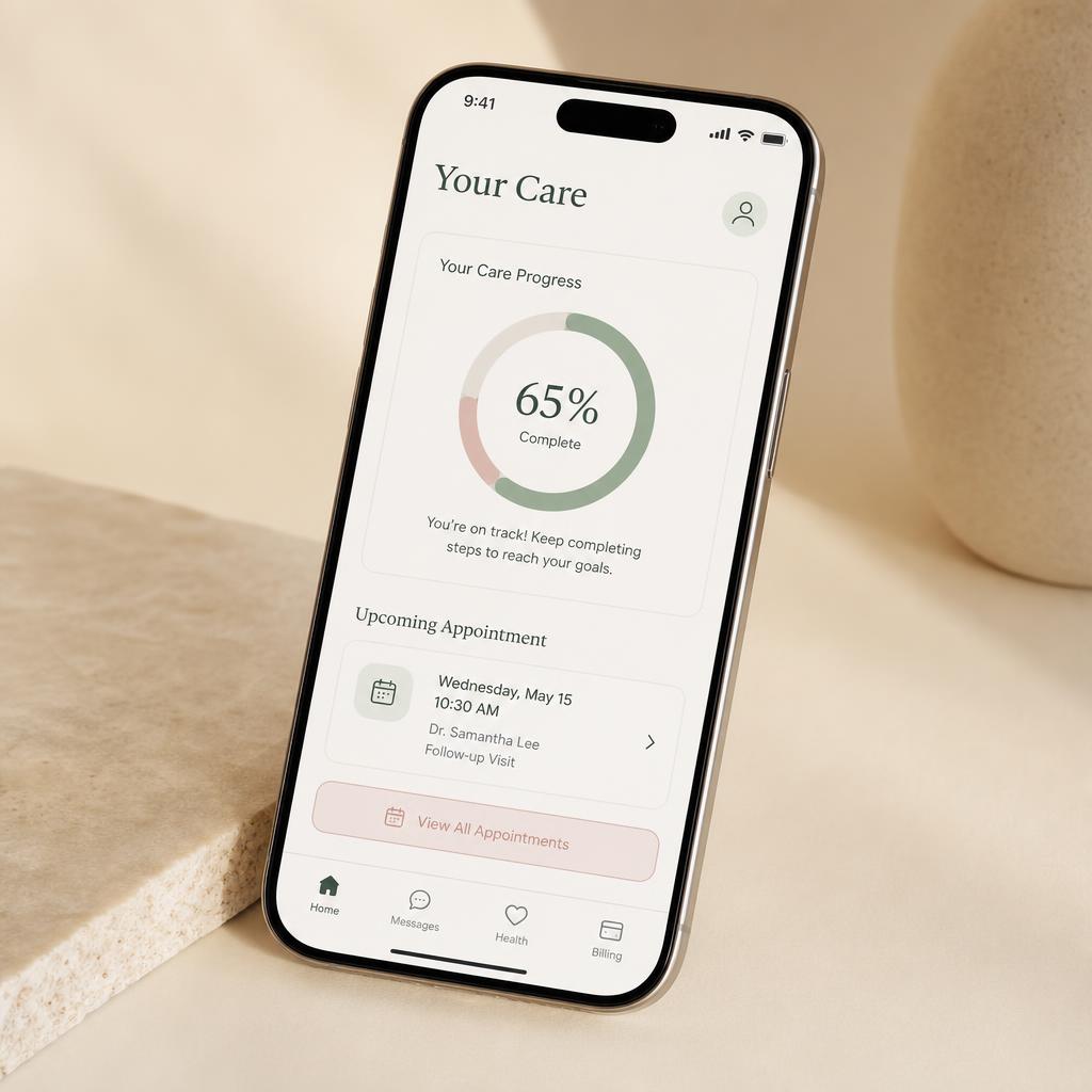 Modern iPhone showing the patient portal dashboard with care progress and upcoming appointments