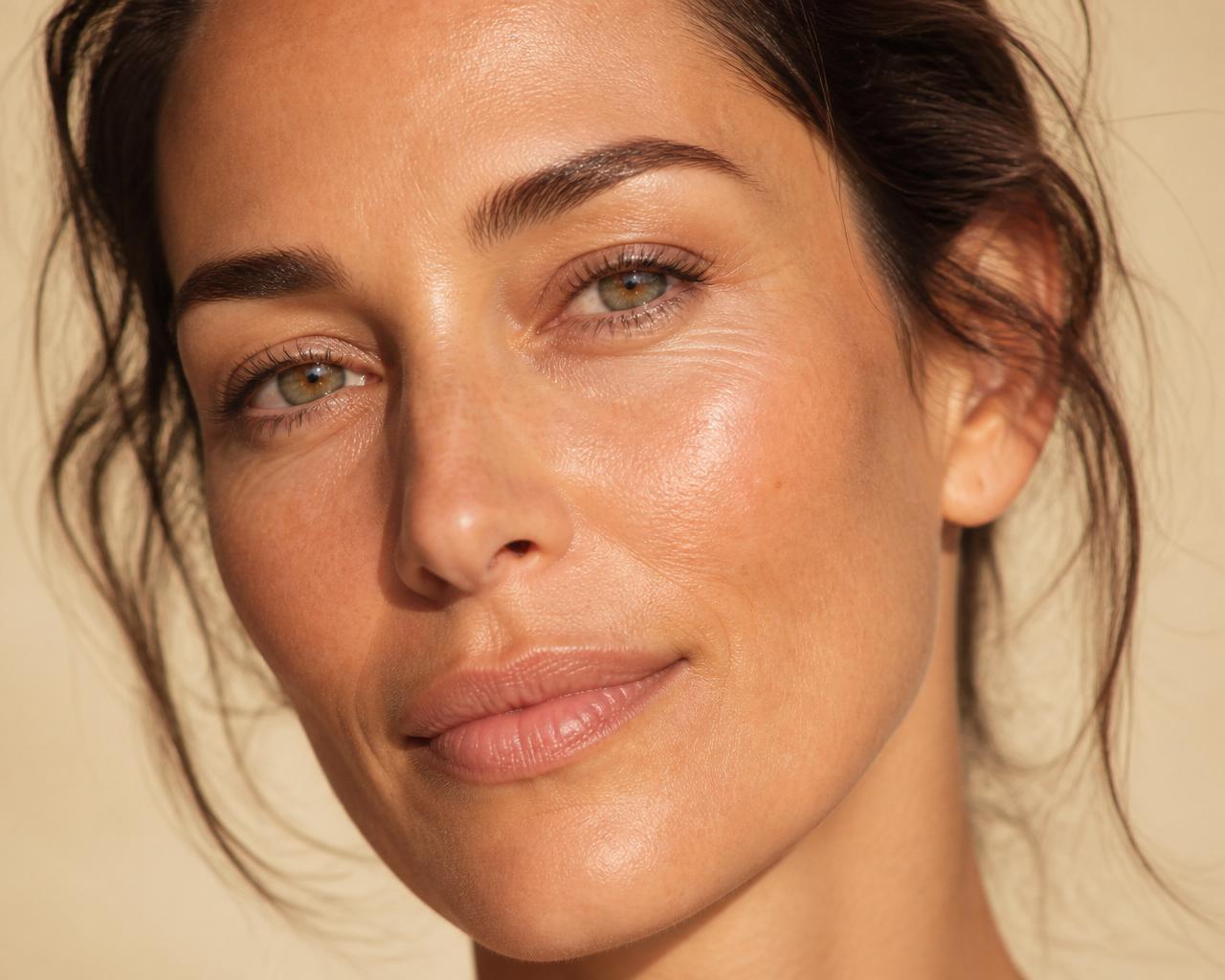Close-up of healthy, naturally glowing skin in warm light