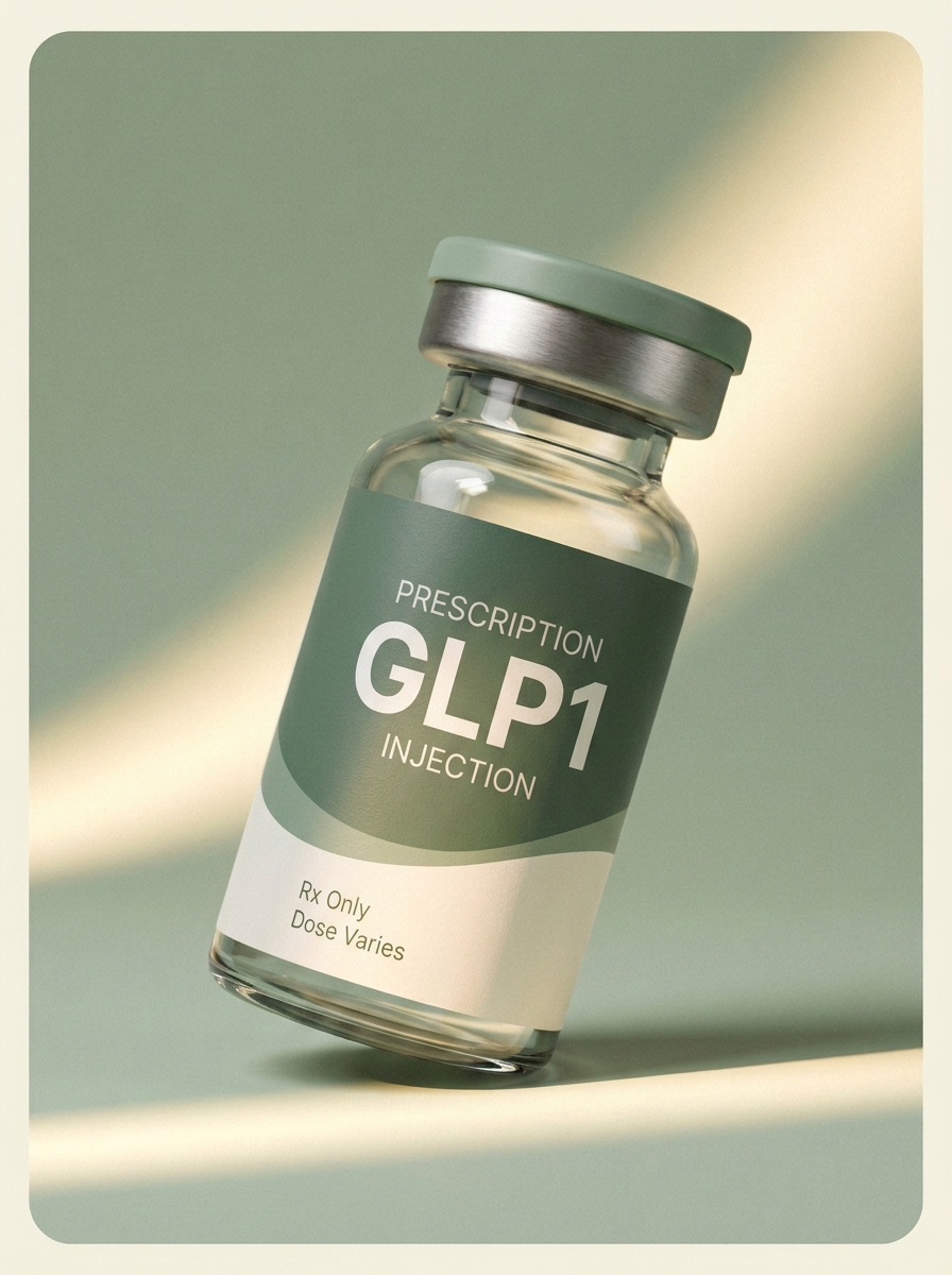 Prescription GLP medication vial on a soft sage backdrop