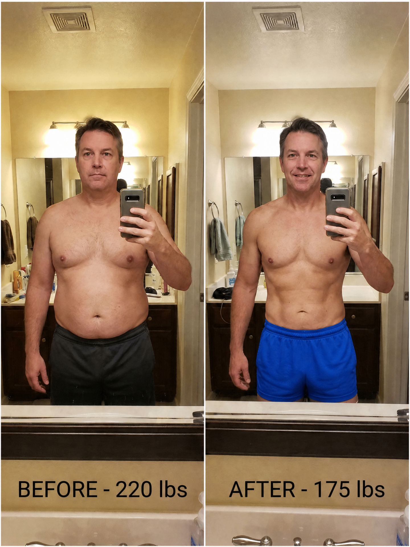 Male patient before and after — 220 to 175 lbs