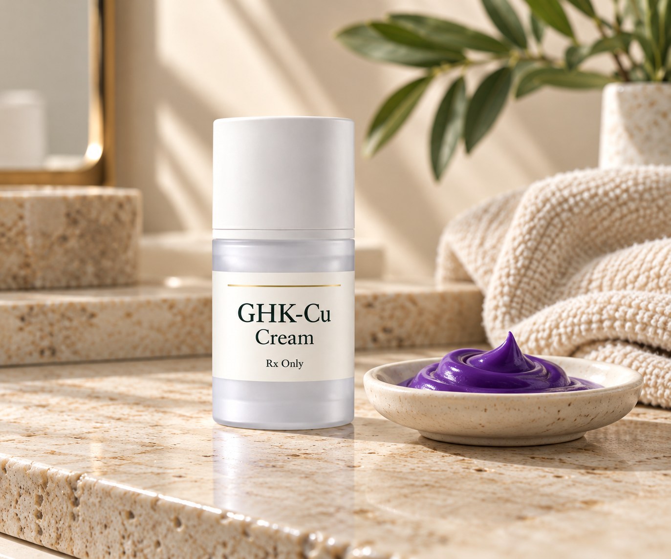 Neshiva GHK-Cu prescription cream bottle beside a dish of violet cream on a stone vanity
