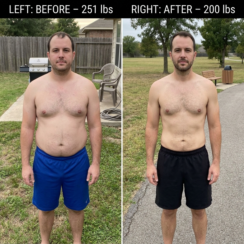 Male patient before and after, 251 to 200 lbs