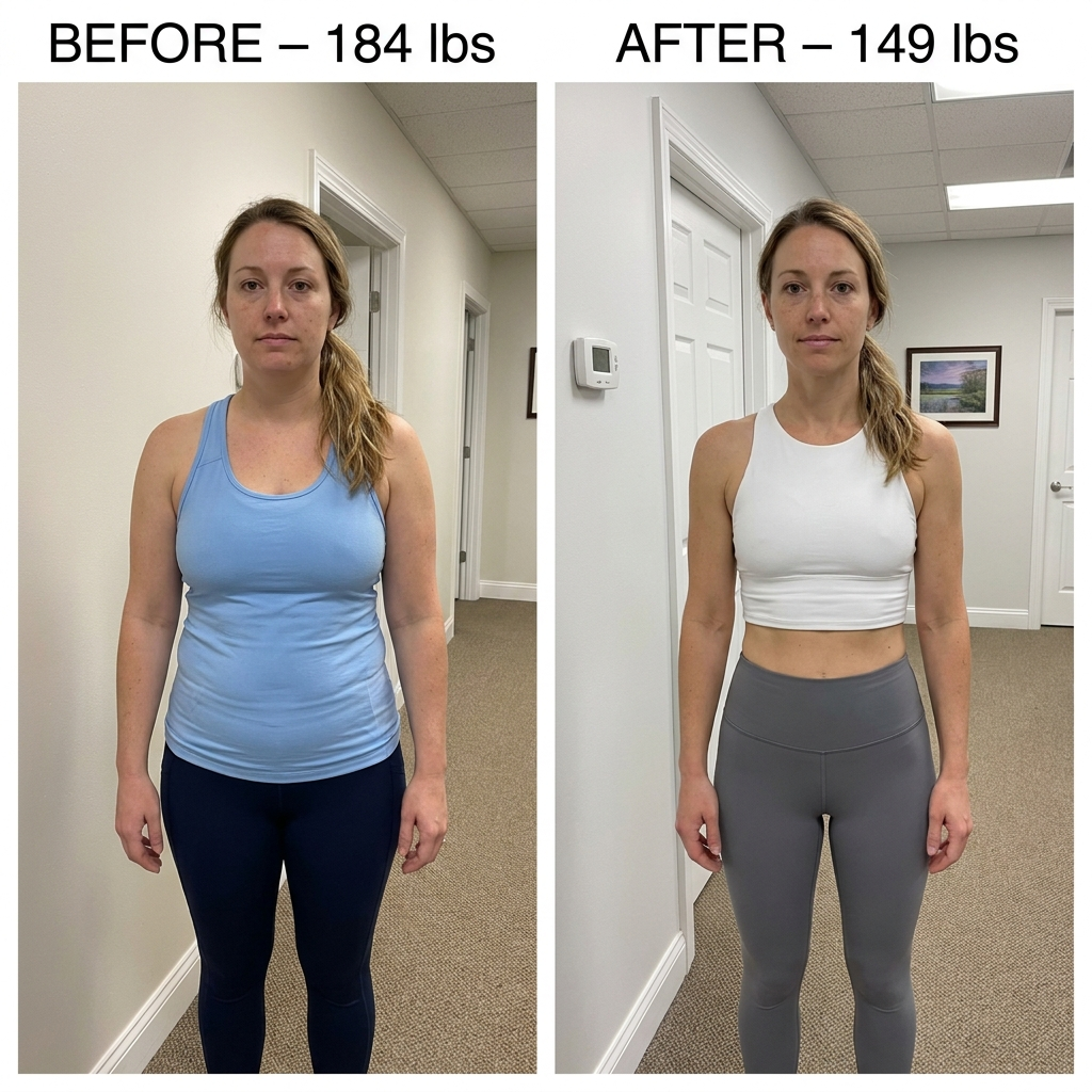 Female patient before and after, 184 to 149 lbs