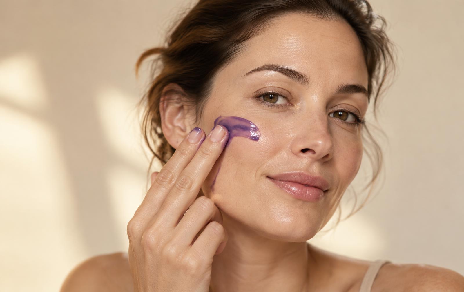 Woman applying a purple skincare cream to her cheek
