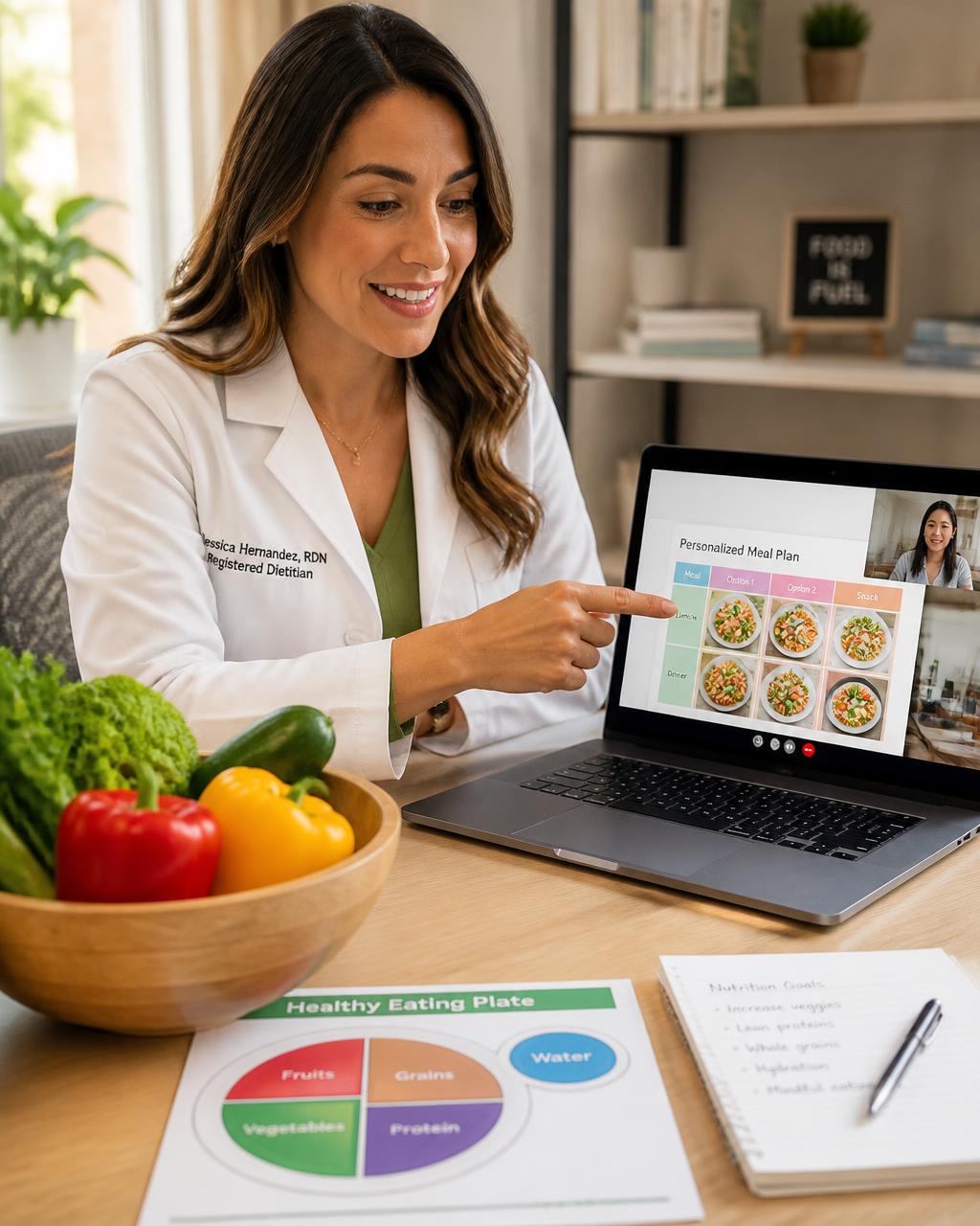 Registered Dietitian reviewing a personalized meal plan during a telehealth nutrition consultation