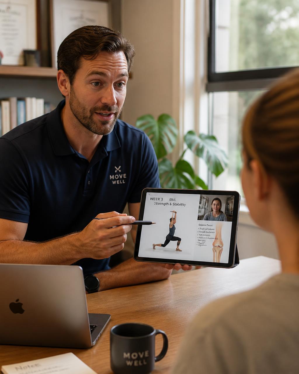 Exercise Physiologist reviewing a movement and fitness plan during a telehealth consultation