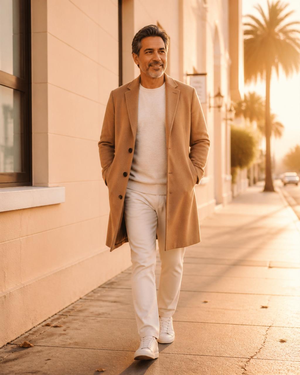 A confident man walking through the city at golden hour with a leather bag