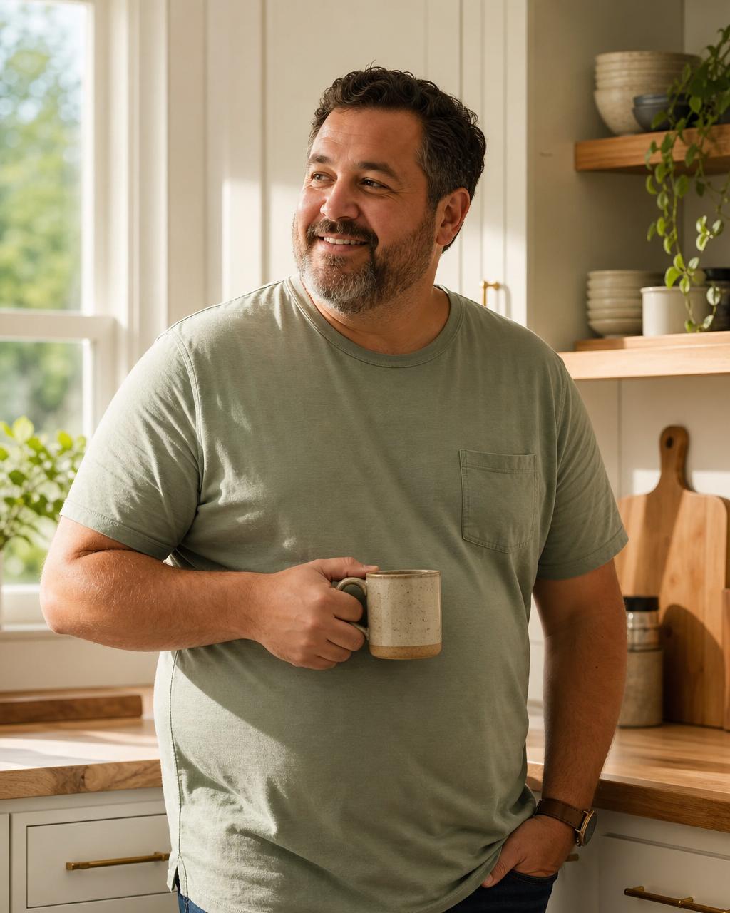 Man at a kitchen counter holding a coffee mug in warm morning light