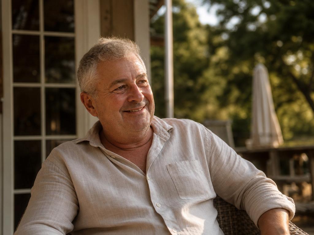 Older man with a genuine, approachable expression in a warm outdoor setting at golden hour