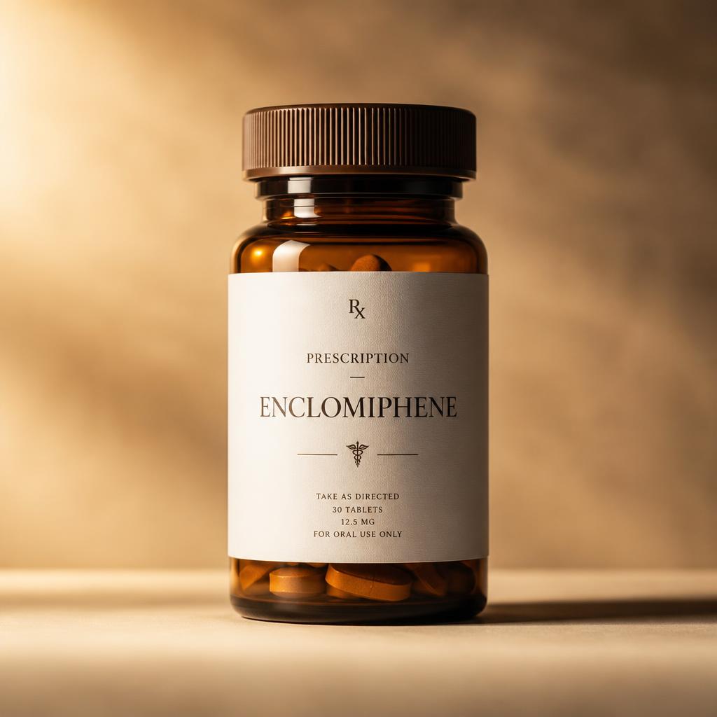 Prescription Enclomiphene amber pill bottle on a warm taupe studio background
