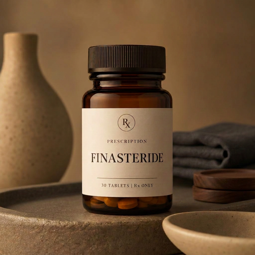 Prescription Finasteride white pill bottle on a warm taupe studio background