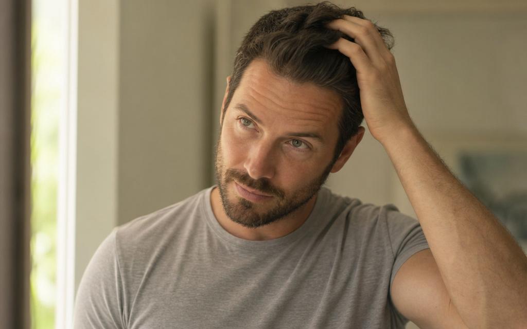 Man running a hand through his hair in natural light, checking his hairline