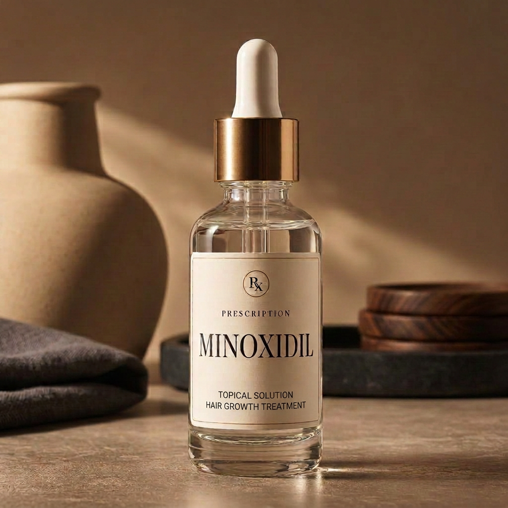 Prescription Minoxidil frosted glass dropper bottle on a warm taupe studio background