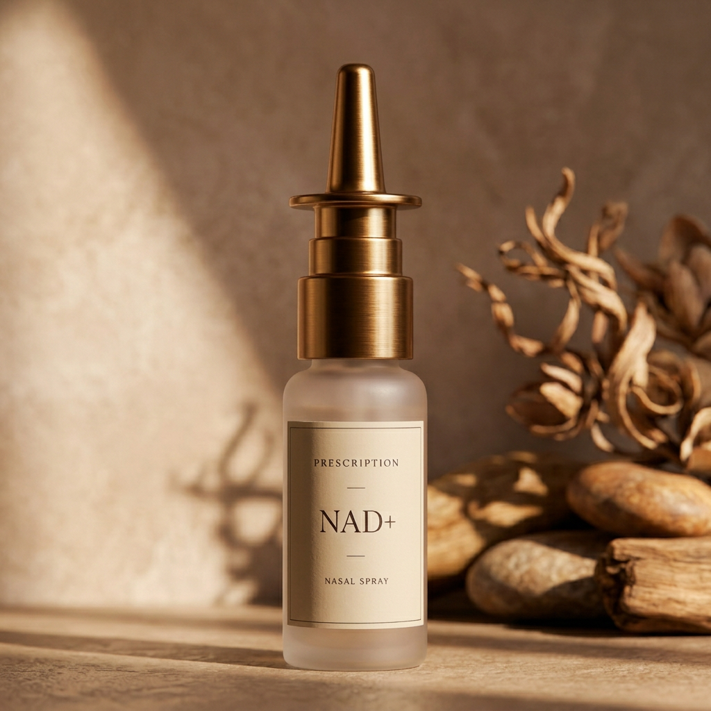 Prescription NAD+ nasal spray bottle on a warm taupe studio background