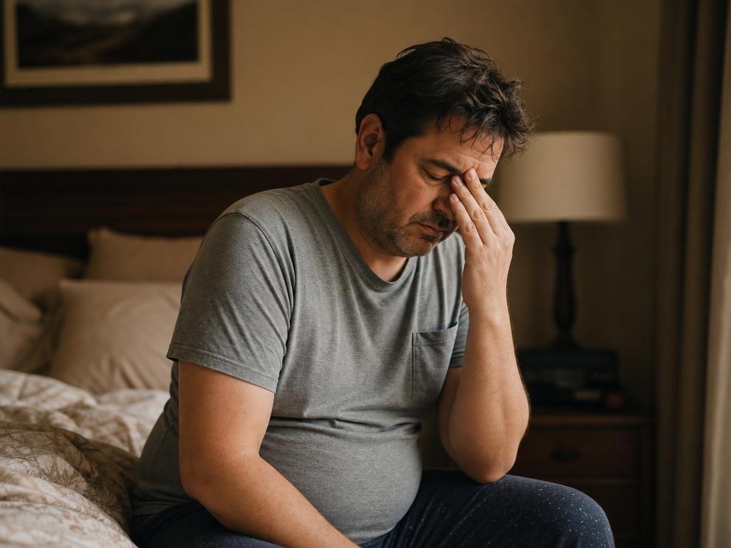 Tired man in his 40s sitting on the edge of a bed, rubbing his face in warm morning light