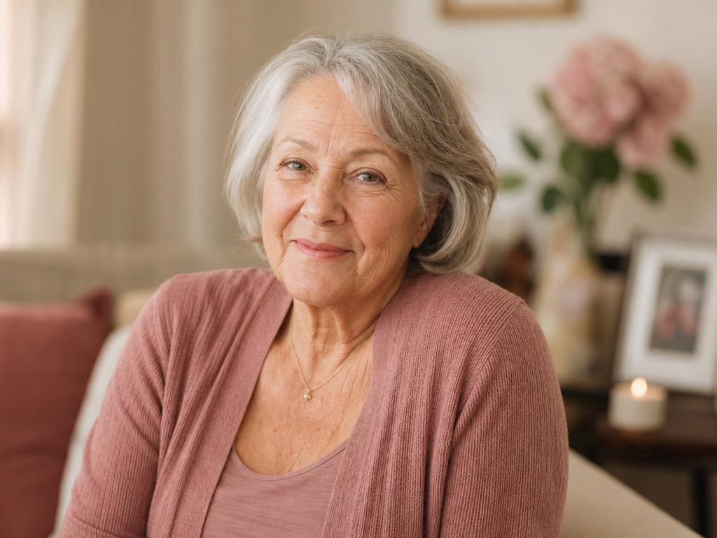 Older woman with natural, unretouched skin in a warm candid portrait