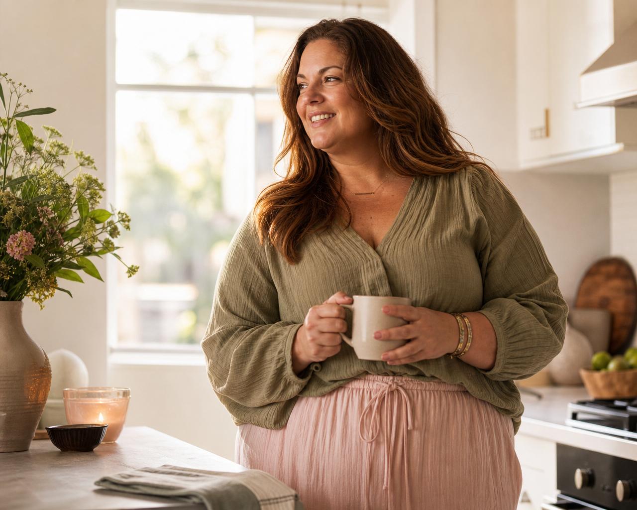 Woman in a bright kitchen holding a warm cup of coffee in morning light