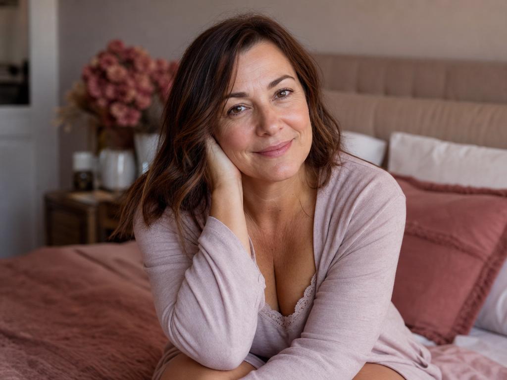Woman in midlife with a realistic, approachable appearance in a warm candid portrait