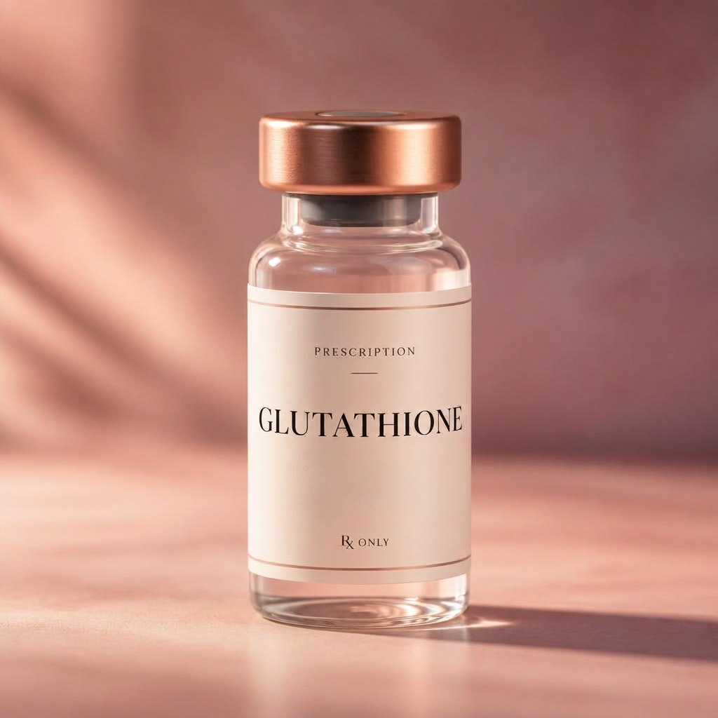 Prescription Glutathione injection vial on a soft blush studio background