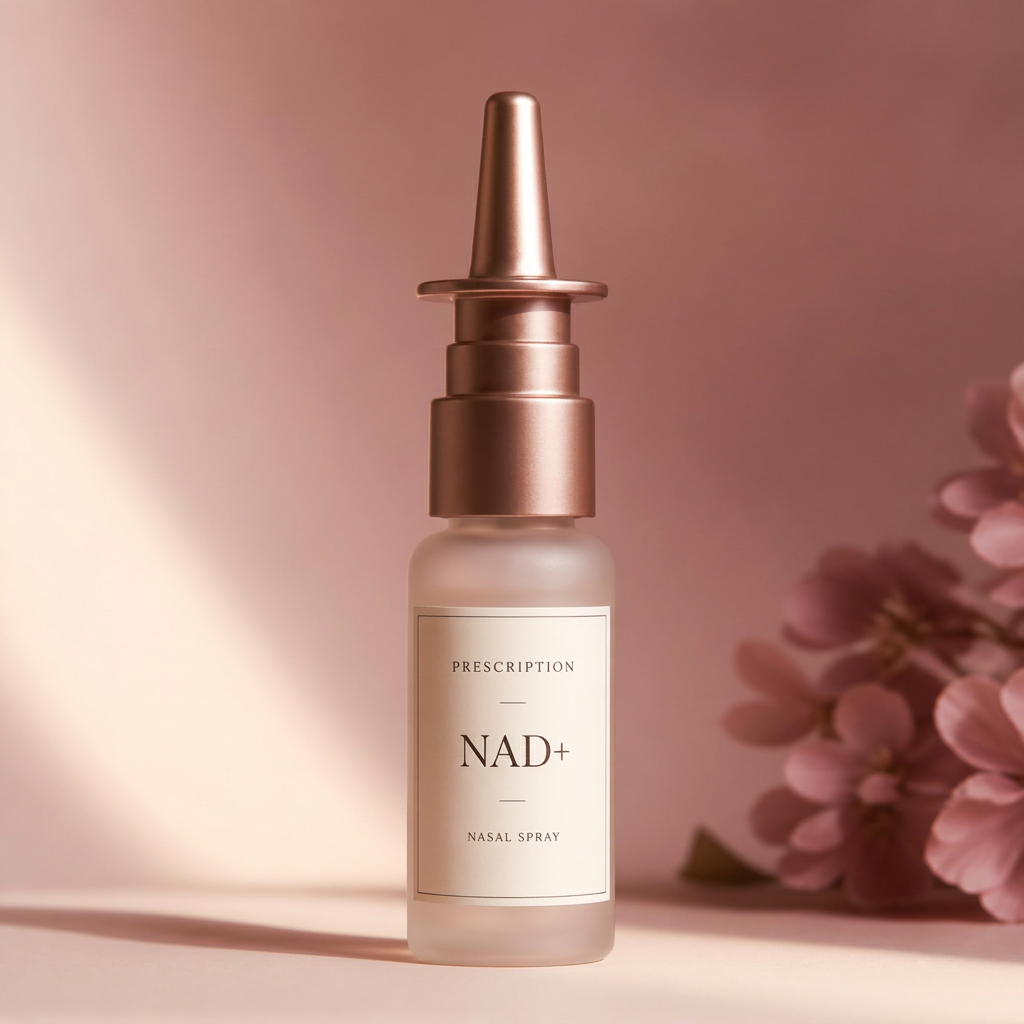 Prescription NAD+ nasal spray bottle on a soft blush studio background