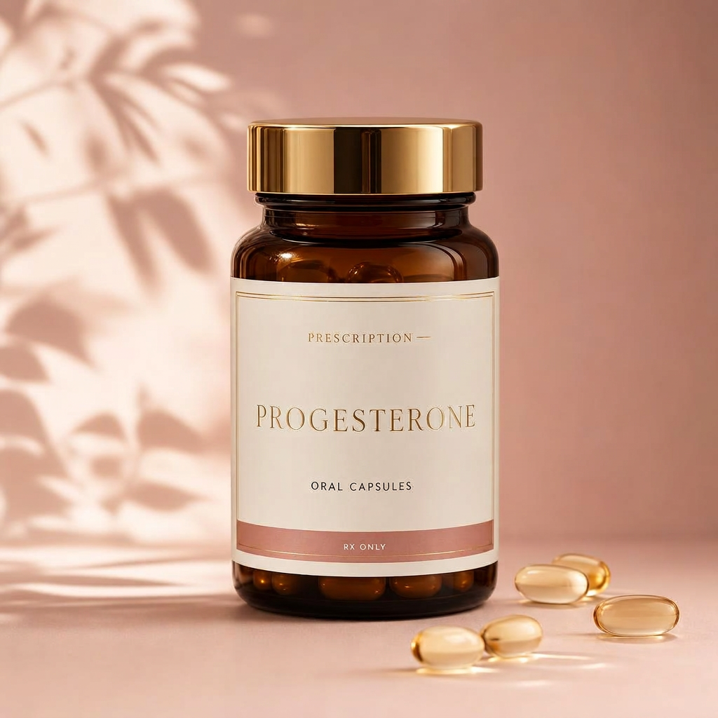Prescription Progesterone capsule bottle on a soft blush studio background
