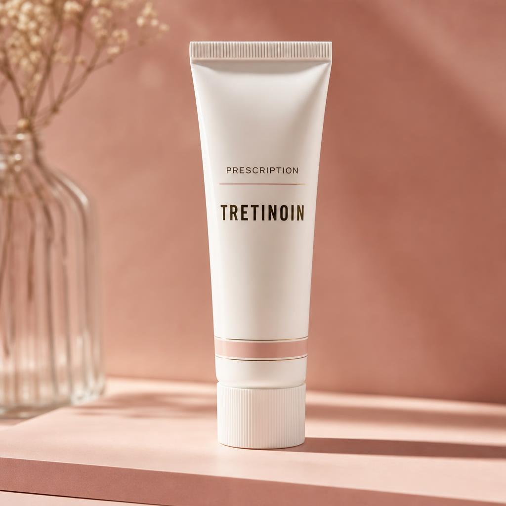 Prescription Tretinoin cream tube on a soft blush studio background