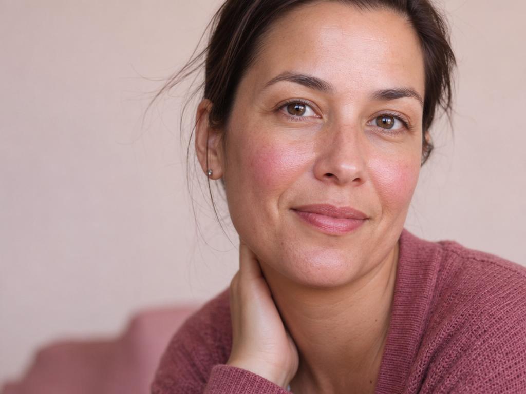 Woman with realistic skin texture and mild redness, medium shoulders-up portrait in warm natural light